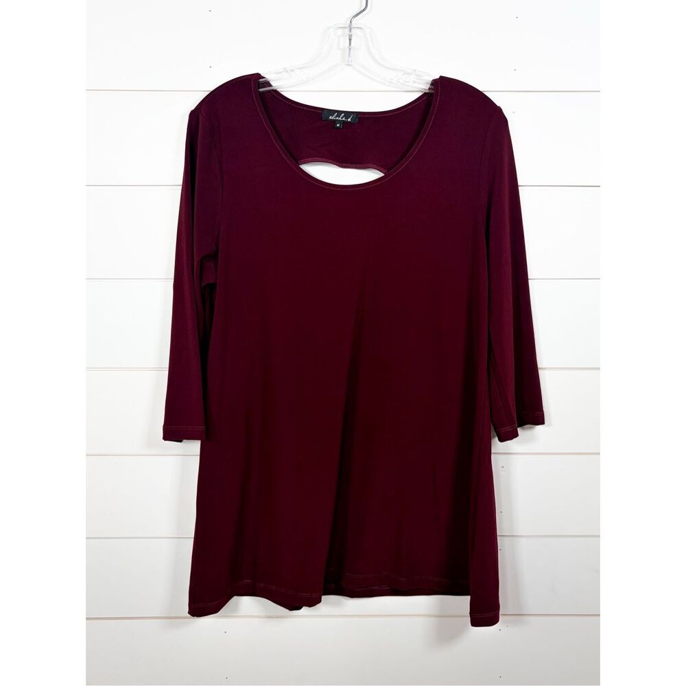 Alisha.D Women's Cut Out Scoop Neck 3/4 Sleeve Tunic Top Blouse Burgundy Medium
